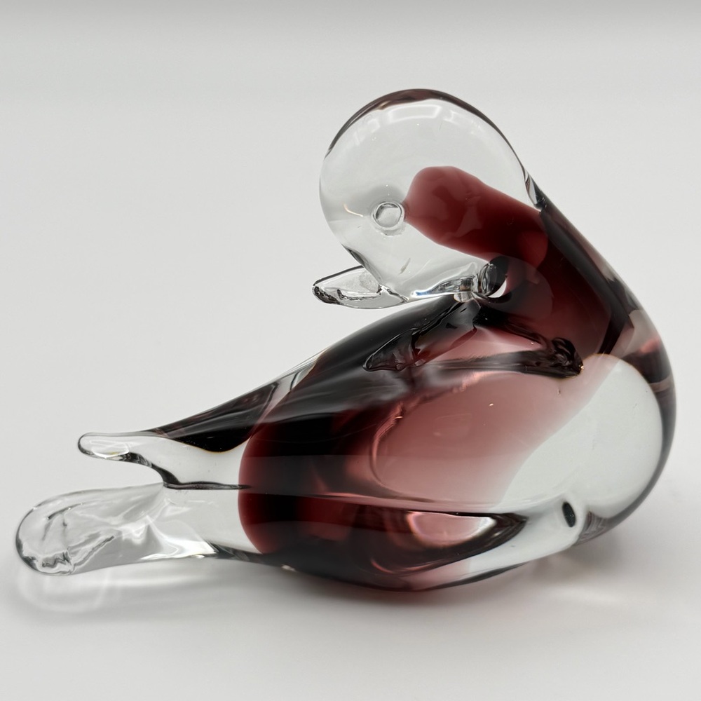 Hand-Blown Art Glass Duck Figurine Clear Purple Swirl 4.5"